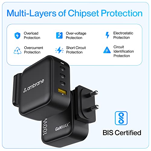 Ambrane Charge 100 100W GaN Charger Adapter, 4-Port Fast Charger with 3 Type C & 1 USB A Ports, PD Fast Charging for Compatible Laptops, MacBook, iPhone, Android Phones, Tablets & Earbuds, Black - Image 7