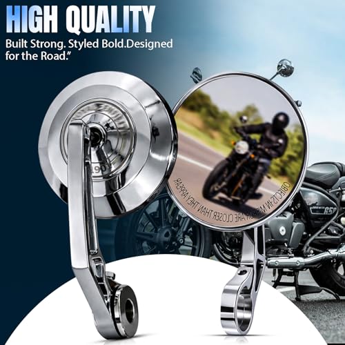 Image of OTOROYS Premium Bar End Mirror for Hunter 350 & Meteor 350 | Round Convex Motorcycle Handlebar End Mirror | CNC Metal Handle & ABS Frame | Anti-Glare Rear View Bike Mirror Set of 2 (Silver)