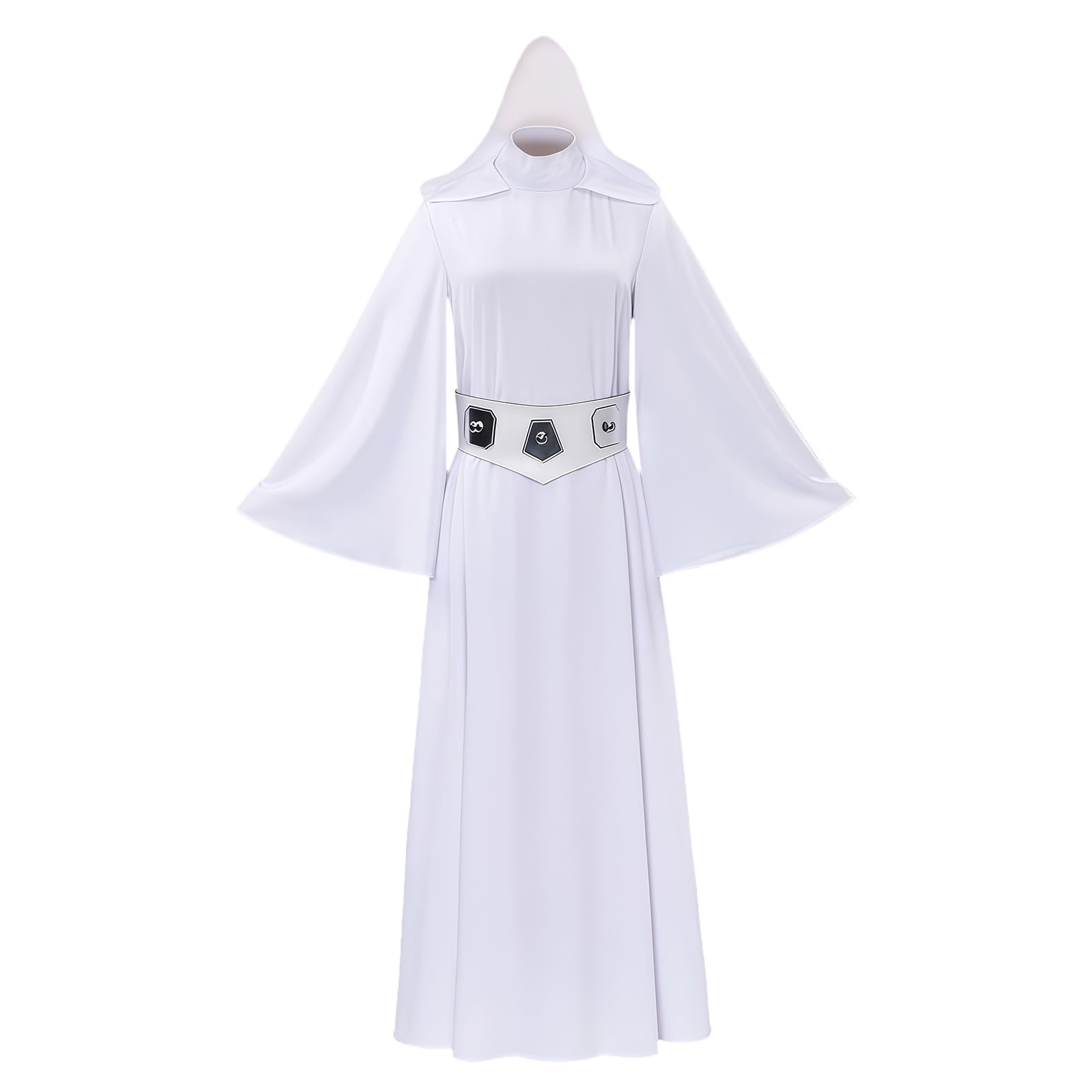 nezafly Princess Costume Women White Dress Hooded Robe with Belt Halloween Carnival Outfits Set for Adults