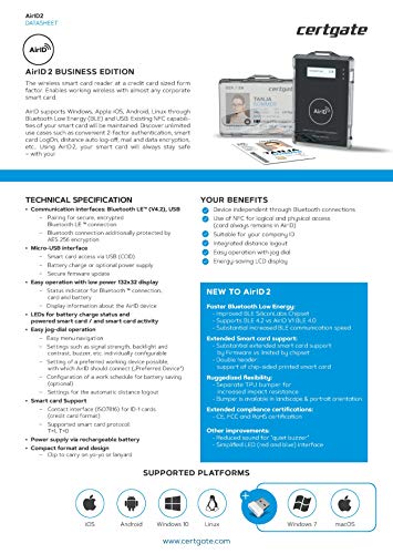 Certgate AirID 2 Bluetooth Contact Smart Card Reader (CAC Enabled for Mac and Windows Only - Not iOS/Android)