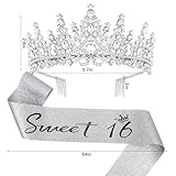 KEUKORZ Silver 16th Birthday Crown & Sash Set- Rhinestone Princess Tiara Headband with Comb & Sparkle Sash Set for Birthday Party Queen Princess Decoration - Image 2