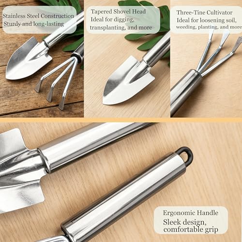 Image of Garden Trowel, Mini Stainless Steel Hand Shovel Garden Rake 2 Pack