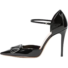 BlingQueen Womens Ankle Strap Stiletto Heels - Patent Leather Pointed Toe Pumps with V-Buckle - Bridal Wedding Party Dress Shoes 10cm High Heel