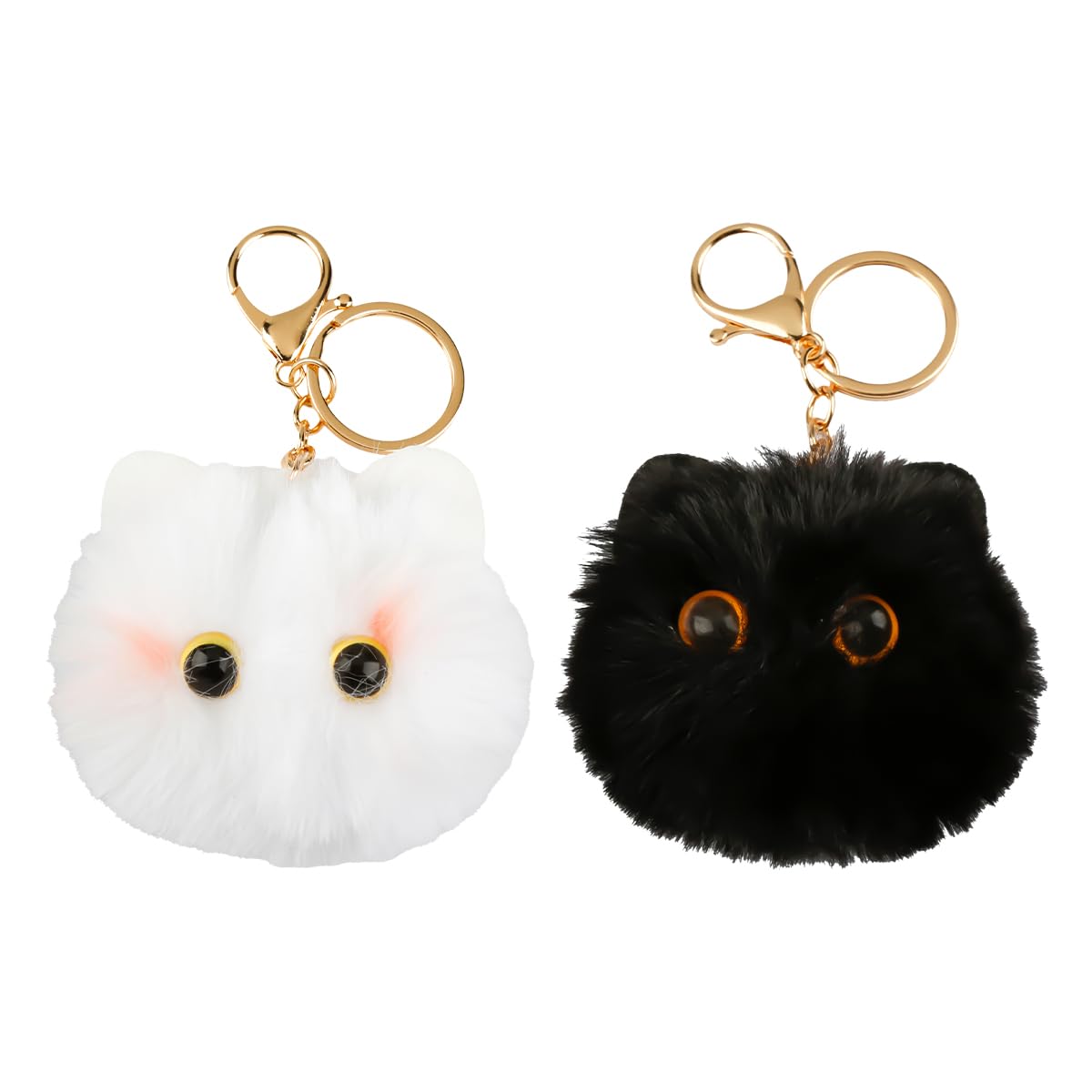 Lotsdonxia Girls White And Black 2Pcs Velvet Kitten Keyrings, Fluffy White & Black Cat Pom Pom Keychains For Handbags, Car &