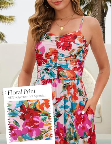 Image of Annebouti Women 2026 Summer Spring Ruched Maxi Dress Adjustable Spaghetti Strap Floral Beach Long Sundress with Pockets