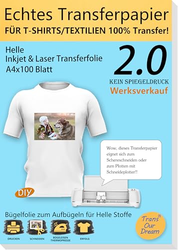 TransOurDream ECHTE Inkjet/Laser Transferfolie Transferpapier,A4X100 Blatt+10 Silikonpapier,Bedruckbare Bügelfolie für helle T Shirts/Textilien,transfer paper