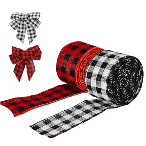 2 rollos de cinta de arpillera a cuadros negros y rojos con borde de alambre para envolver regalos, lazos florales, manualidades, decoración de árbol de Navidad, decoración de vacaciones