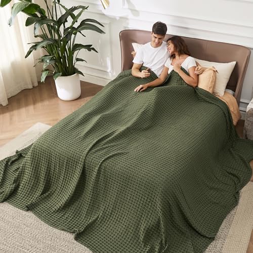 Image of Bedsure Cooling Cotton Waffle Oversized King Blanket - Lightweight Breathable Rayon Derived from Bamboo for Hot Sleepers, Luxury Throws for Bed and Sofa, Olive Green, 120x96 Inches