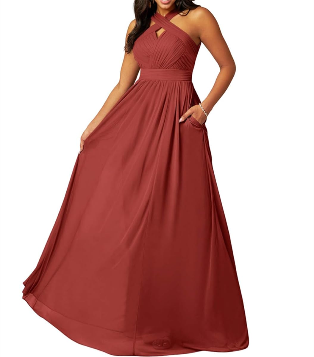 Sayno Women's Terracotta Bridesmaid Dresses With Pockets A-Line Chiffon Zipper Back Formal Party Gowns Uk18