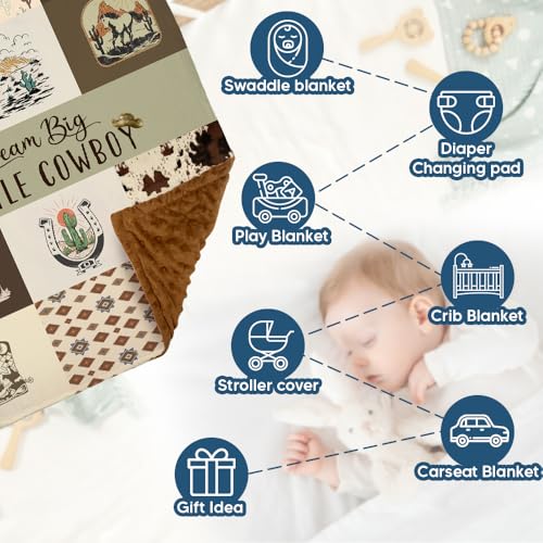 Image of Western Baby Blanket, Cowboy Minky Blankets for Boys Girls, Nursery Room Decor, Soft Warm Lightweight Nursery Bed Blanket for Newborn Toddlers Son Daughter, Double Layer Dotted Backing