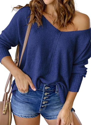 Razzlebelle Pull Epaule Denudee Femme Printemps Chaud Chic et Élégant col V Oversize Manche Longue Fin Leger Ample Décontracté Marine Sweater Vêtements