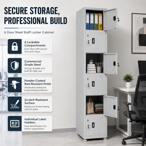 Image of Amazon Brand - Solimo Vertical 6 Door Steel Storage Locker, 183 CM Height Floor Standing Metal Cabinet with Individual Locks & Keys, Powder-Coated Havells Grey for Gym, School, Office & Workplace
