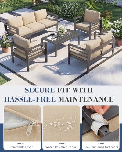 Image of AECOJOY Aluminum Patio Furniture Set, 7 Seats Modern Outdoor Furniture with Coffee Table, 5 Pieces Metal Conversation Sectional Sofa, Beige