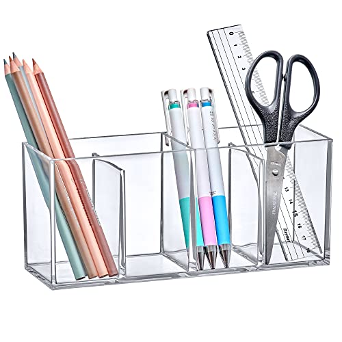 Image of Amazing Abby - Glamour - Acrylic 4-Compartment Makeup Organizer, Transparent Plastic Makeup Brush Holder, Perfect Bathroom Vanity Storage Solution for Makeup Brushes, Eyebrow Pencils, and More