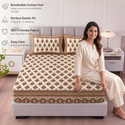 Image of VAS COLLECTIONS 240 TC Premium Double Bed Fitted Bedsheet, Soft Comfortable Stretchable Mattress Sheet with Elastic Fitted Corners, Durable Easy Care, 72 x 72 + 10 Inches (183x183+25 cm) - Light Sand