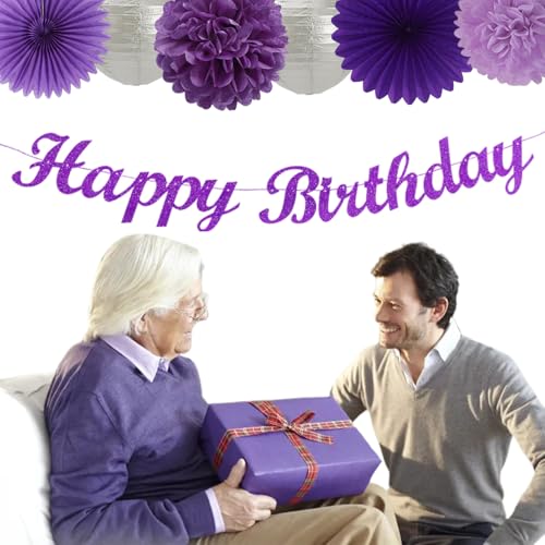Image of Purple Silver Birthday Party-Decorations Paper-Flowers - 14pcs Happy Banner Lavender Lanterns Tissue Pom Poms,Lilac Streamers Garland Fans,Women Girls Adult Kids Office Hanging Supplies Decor Hugfond
