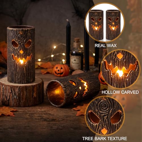 Image of Halloween Flameless Candles, 2PCS Ghost Tree Carved Pillar Candles