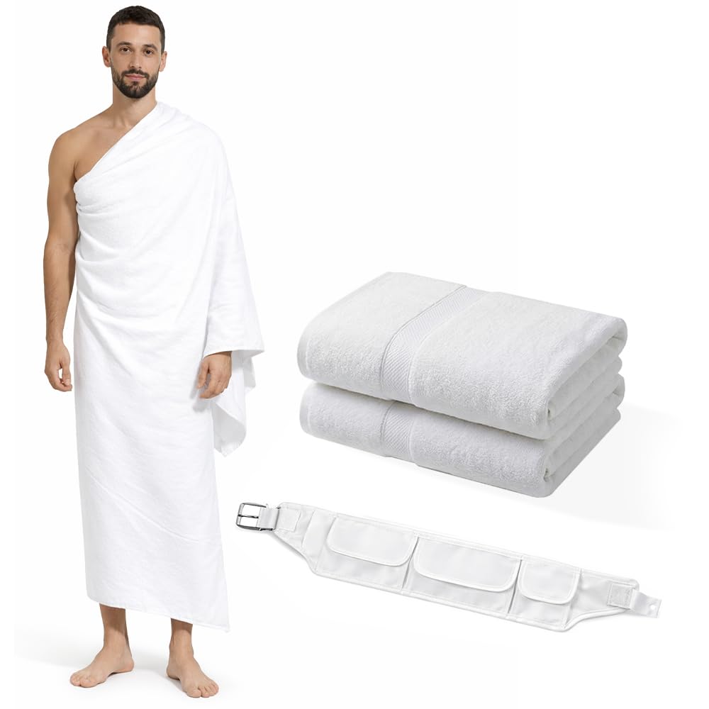 BMLIMITED BML Ehram Umrah White 2 Towel with Free Belt for Men Ihram, Ahram Hygeinic Breathable Absorbant Fbric towel