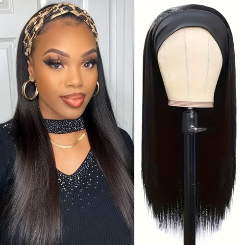 Image of Straight Headband Wig Human Hair Glueless None Lace Front Wig Brazilian Virgin Hair Wear and Go Wig Headband Half Wigs Human Hair for Black Women 150% Density Wigs Natural Color 22 Inch
