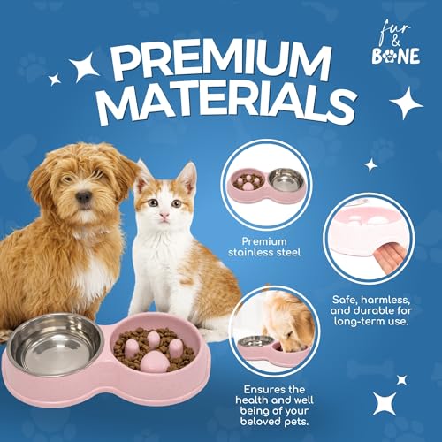 Fur & Bone Double Slow Feeder Dog Bowl | Raised Dog Bowl with Non-Slip Bottom | Stainless Steel Bowl | Detachable Raised Cat Bowl (Pink) - Image 3