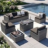 Aoxun Patio Furniture Sets, 8-Piece Outdoor Patio Furniture with 44'' Propane Gas Firepit Table, Wicker Outdoor Conversation Set Sectional Sofa for Backyard, Poolside, Garden