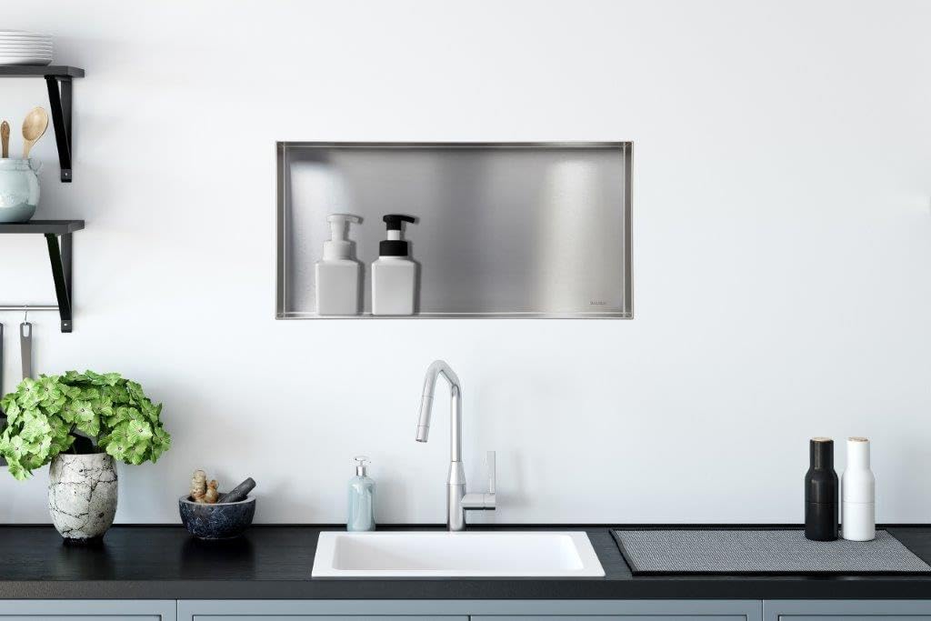 DBREAKS Wandnis douche roestvrij staal, 32 x 32 x 8,5 cm douchenis, zilveren douchebak ingebedde opslag, wandnis opslag voor badkamer, wandnis enkele plank opslag, doucheplank randloos