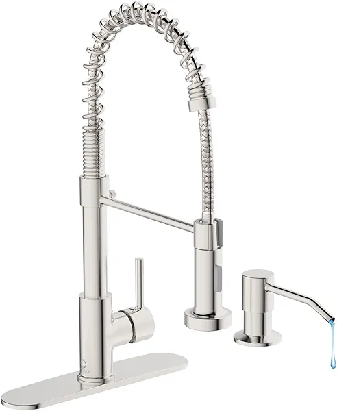 Casavilla Kitchen Faucet Set, Commercial Kitchen Sink Faucets with Pull Down Sprayer and Soap Dispenser, Stainless Steel Faucets for Kitchen Sinks, Single Handle Spring Faucet with Deck Plate