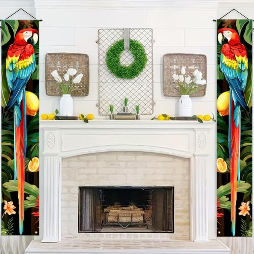 Image of BlissYard 2pcs Summer Door Banner Hawaiian Parrot Porch Sign Banner Tropical Floral Colorful Parrot Wall Hanging Banners for Outdoor Summer Tiki Bar Decor Party Supplies