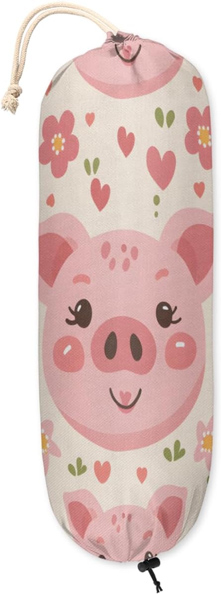 Funny Pig Pattern Plastic Bag Holder Hanging Plastic Bag Organizer Reusable Grocery Bag Holder Washable Large Grocery Bag Storage Trash Bag Dispenser for Home Kitchen Travelling Decor