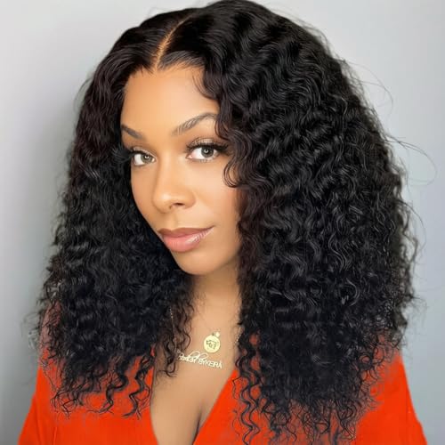 Image of SOEZ 18 Inch Bob Wig Human Hair 13x4 HD Deep Wave Lace Front Wigs Human Hair Natural Black Short Curly Bob Wig Water Wave Human Hair Wig 180% Density Glueless Wet Wavy Wig for Women Pre Plucked