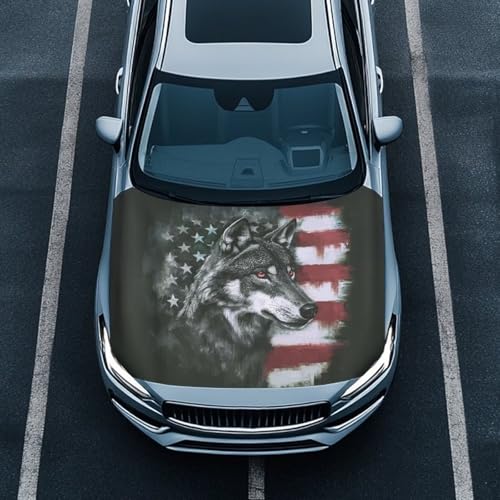 Image of Wolf American Car Hood Cover Polyester Elastic Fabrics Washable Suitable for Large SUV and Pickup Trucks 39x59in