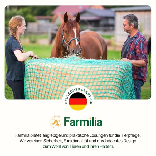Farmilia® Heunetz für Pferde - Ideal für Rundballen bis ø190cm I Robustes Rundballennetz - UV-geschützt & wetterfest I Großes Heunetz inkl. Tragetasche - 45x45mm Maschen für langsames Fressen