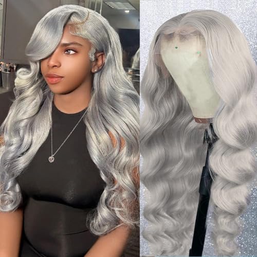 Image of Grey 13x4 Body Wave Lace Front Wigs Human Hair 180 Density Glueless HD Transparent Lace Frontal Wigs Human Hair Pre Plucked With Baby Hair Grey Wigs For Women 16 Inch