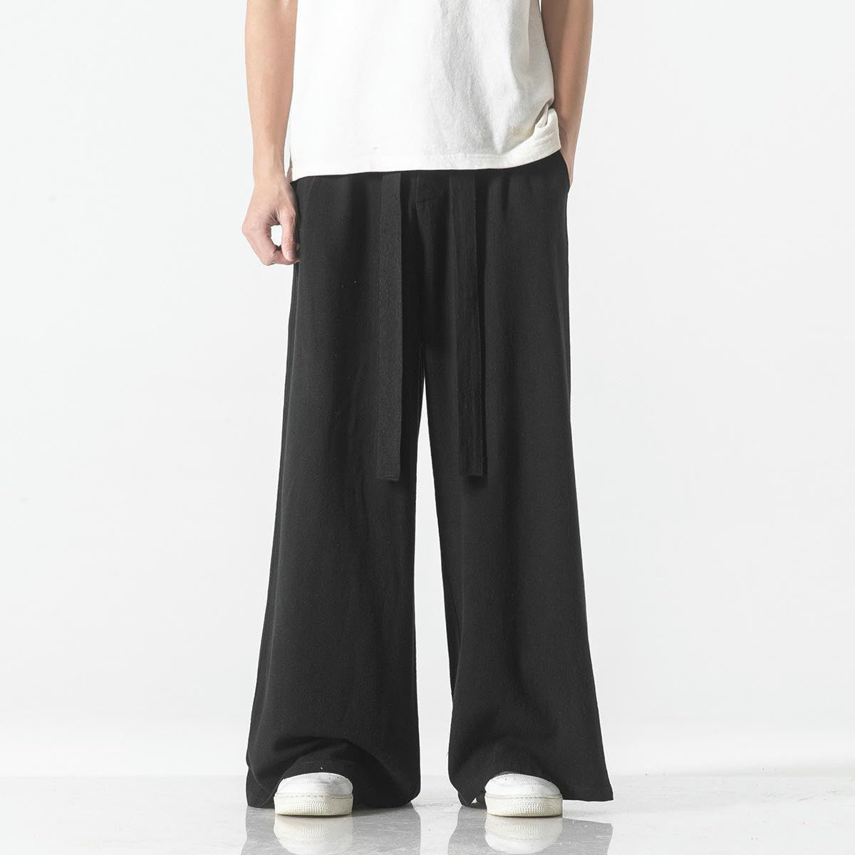 Pantaloni da uomo primavera estate stile etnico cinese cotone lino casual vestibilità ampia gonna lunga con cavallo basso