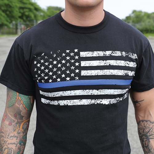 Rothco Thin Blue Line T-Shirt – Patriotic Short Sleeve Graphic Tee with American Flag Print, Desert Sand w/Black Flag, M