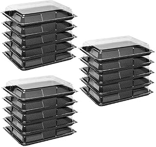Deli Supplies Pack of 15 Medium Rectangle Food, Cake, Sandwich Platter Tray Set, Black Tray Base with Clear Lid Durable Buffet Catering Food Sandwich Trays (L390mm x W290mm x 70mm with Lids)
