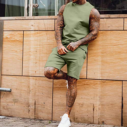Maryia Mens Workout Tank Top And Shorts Set Summer Muscle Sports Athletic 2 Piece Outfits Casual Stylish Tracksuit Green #TOP1
