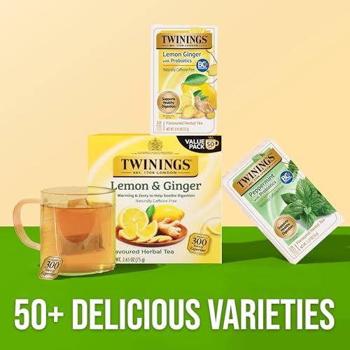 Image of Twinings Superblends Probiotics+ Lemon & Ginger Flavoured Herbal Tea with Turmeric, Caffeine-Free, 18 Count (Pack of 2), Enjoy Hot or Iced, 18 Teabags