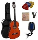 4/4 GITARRE - KONZERTGITARRE IM SET - CLASSIC - NATUR-GETÖNT - DECKE LINDENHOLZ - TASCHE - BAND - SAITEN - 3xPIK - STIMMGERÄT ET33B - C20