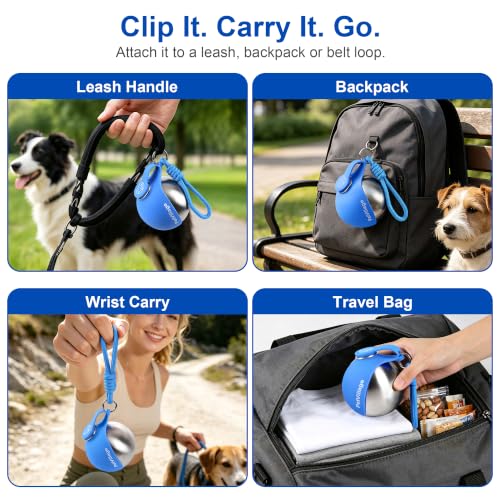 Image of 2-in-1 Dog Water Bottle with Foldable Bowl, Portable Leak-Proof Pet Travel Water Dispenser, Stainless Steel Dog Hydration Bottle for Walking, Hiking, Small Dogs & Puppies, Blue 10oz