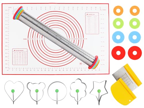AMERI LOGICS Stainless Steel Rolling Pin with Thickness Rings - Rolling Pins Set for Baking - Incl Baking Mat, Cookie Cutters & Dough Scraper