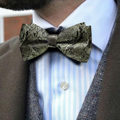 Image of Barry.Wang Paisley Striped Bow Tie for Men Silk Pre-Tied Bowtie Pocket Square Cufflinks Set Formal Wedding Party Prom