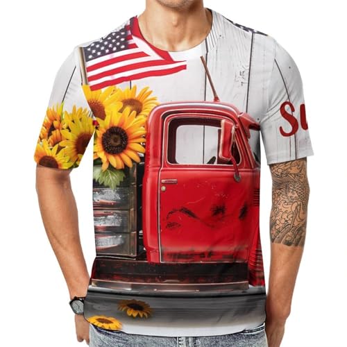 Vintage Truck Sunflowers U.S. Flag Unisex Adult T-Shirts Summer Short Sleeve Tee Casual Tops Funny Graphic 4XL