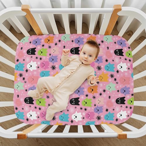 Image of Crib Sheet Breathable Soft Crib Mattress Sheet for Baby Toddler Boys Girls Fitted Crib Sheet Fit Standard Crib Mattress 39 x 27 Inch Cute Pink Halloween Ghost Snowflakes Stars