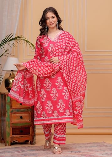 Image of MEERA FAB Women's Cotton Blend Straight Printed Kurta with Palazzo & Dupatta