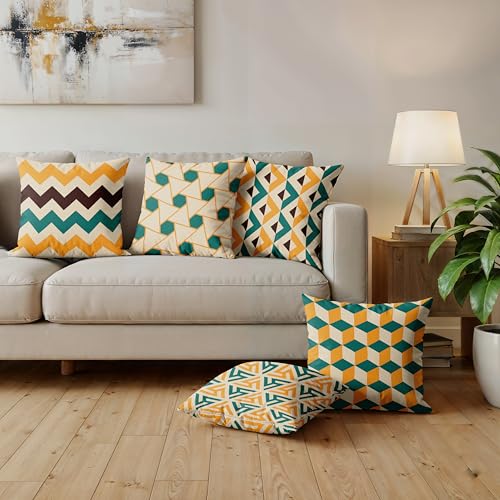 Image of Ultimate Trends Digital Printed Soft Cotton Feel Polyester Decorative Cushion Cover, Modern Eligent Designs, Heavy Long Life Fabric,18 inch X 18 inch Set of 5,Yellow Teal