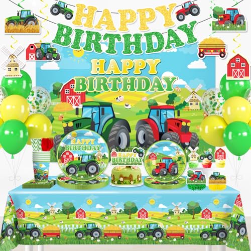 Xynic 208pcs Tractor Birthday Decorations Worry-free Set for 25 Guests with No-DIY Banner Thick Plates Backdrop Tablecloths and Cupcake Toppers Easy Setup Farm Birthday Party Decorations