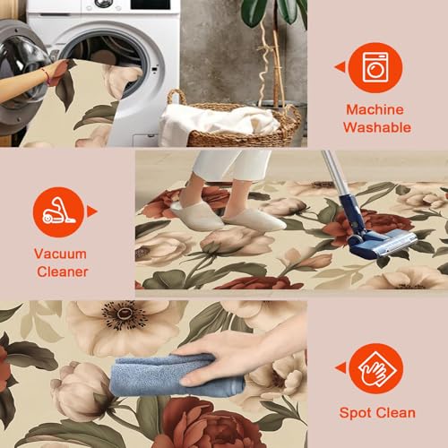 Tapis de salon pivoines antidérapant et lavable grand format pour chambre