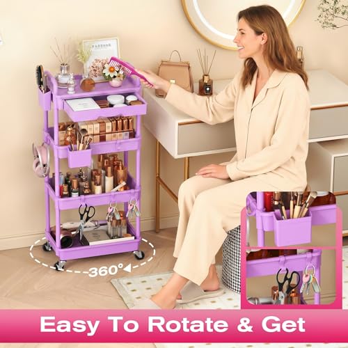 Image of Goovilla Rolling Makeup Organizer Cart with Removable Drawer, 4 Tier Stable Purple Floor Skincare Storage Cart for Vanity, Cosmetic Display, Nail Polish, Perfume, Hair Stuff, Beauty, Bathroom(Plastic)
