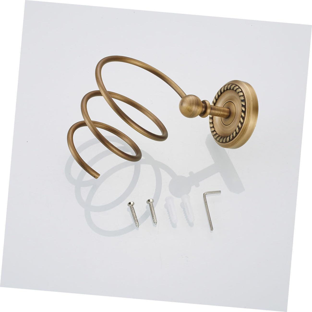 Porta Asciugacapelli da Muro in Ottone Stile Europeo Anticato | Base Rotonda, Spirale Decorativa, Finitura Oro, Adatto a Bagno e Camera da Letto